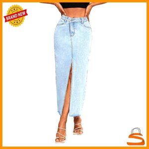 High Waist Stretch Maxi Denim Skirt with Front Split and Raw Hem